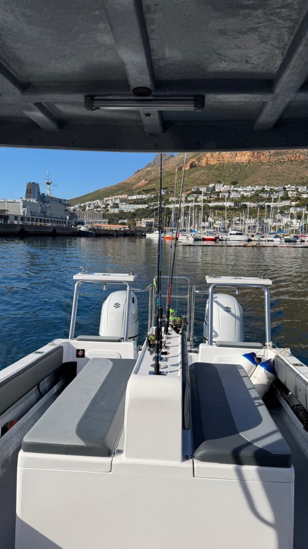 The aft deck rigged with rods, leaving Simon's Town harbour