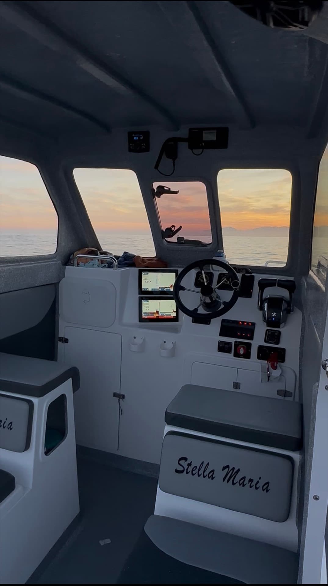 The Stella Maria's helm at sunrise