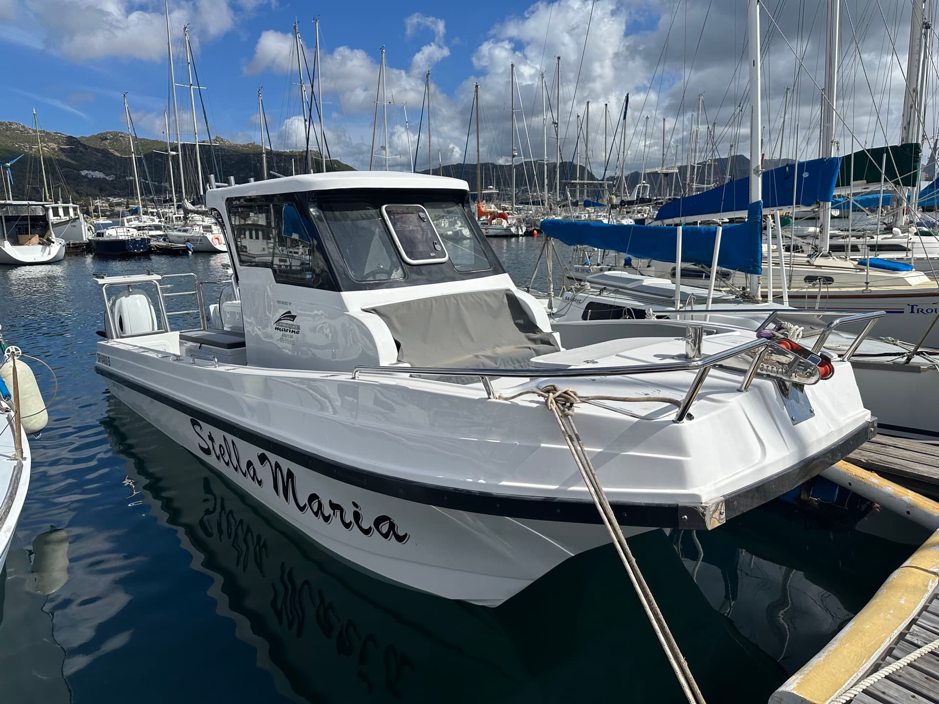 The Stella Maria — a 28ft Carrycat catamaran — moored in Simon's Town harbour